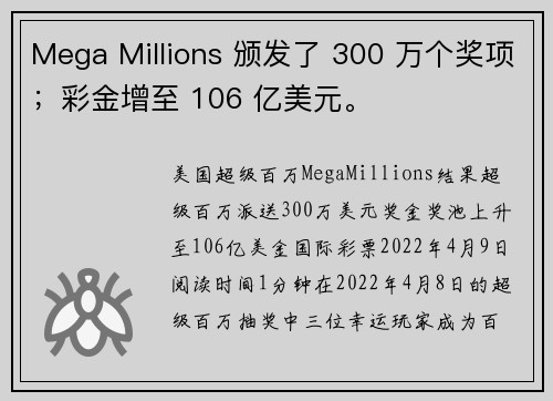 Mega Millions 颁发了 300 万个奖项；彩金增至 106 亿美元。